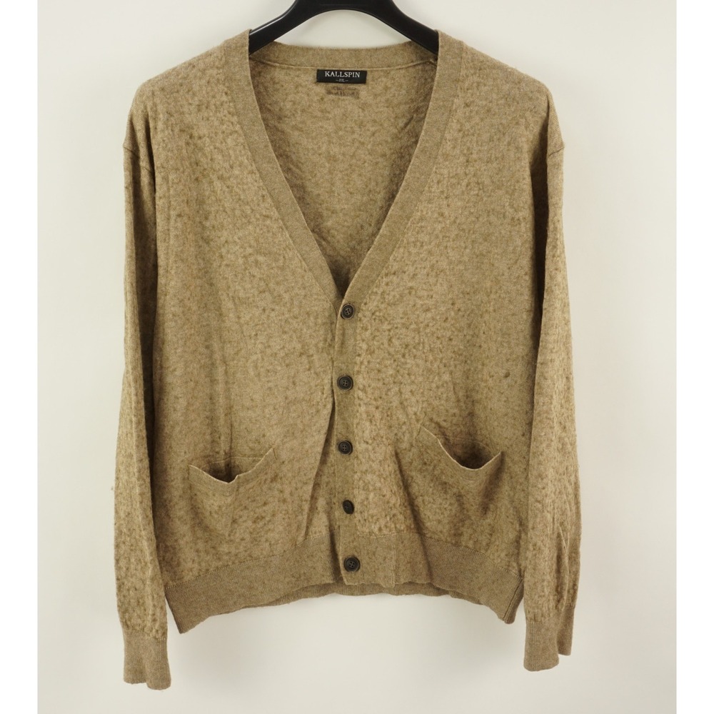 Kallspin Men's 2XL Wool Blend Light Brown Melange V-Neck Cardigan Sweater